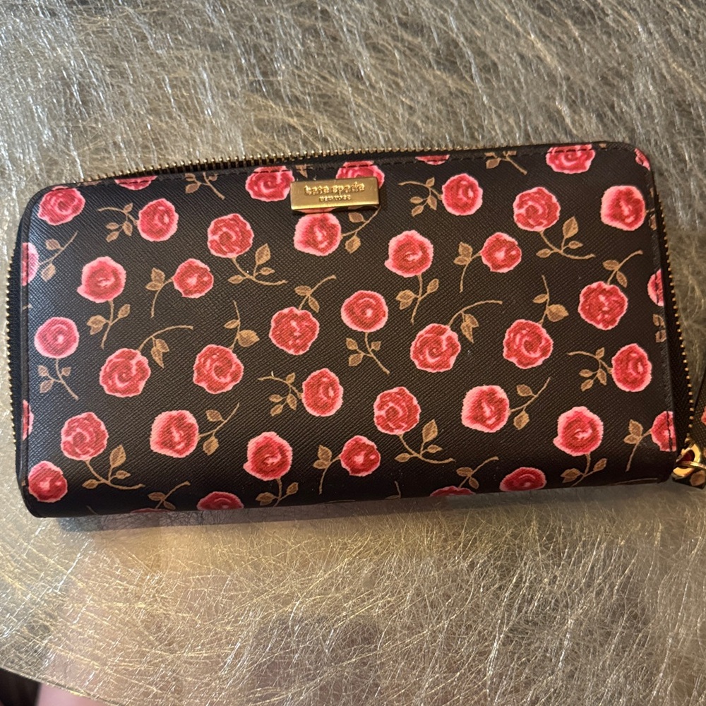 Kate Spade Black Wallet with Red Floral Pattern